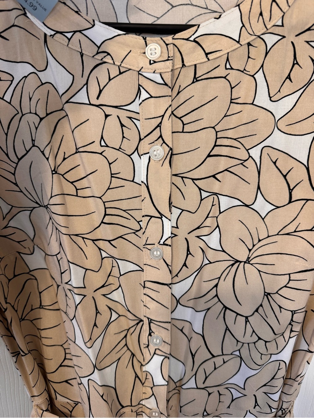 Loft Outlet Summer Belted Button Up Shirt Dress Beige Black Flower Detail Sz 2P - Picture 7 of 12